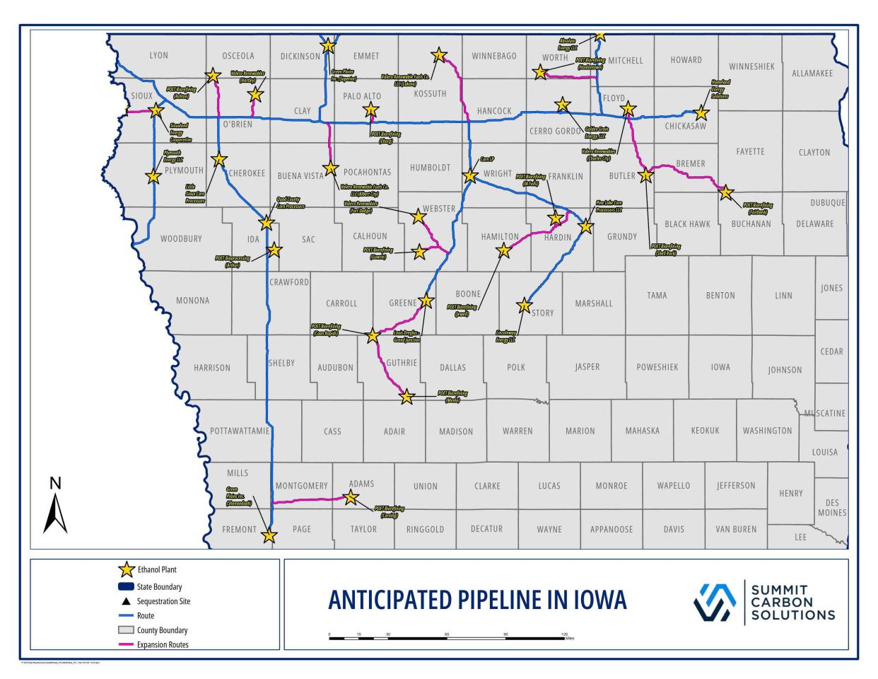 A map of Summit Carbon Solutions' proposed pipeline in Iowa and of the ethanol plants it will serve.