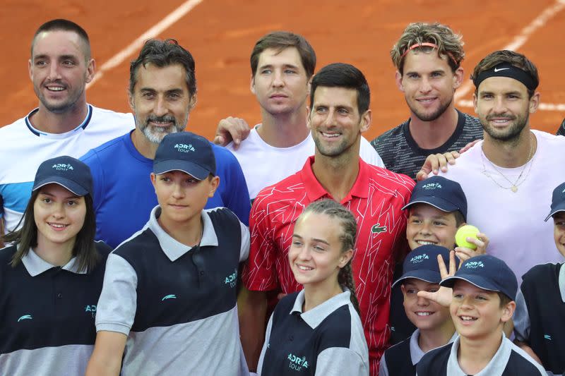 Serbia's Viktor Troicki, Nenad Zimonjic, Dusan Lajovic, Novak Djokovic, Austria's Dominic Thiem and Bulgaria's Grigor Dimitrov during Adria Tour at Novak Tennis Centre in Belgrade