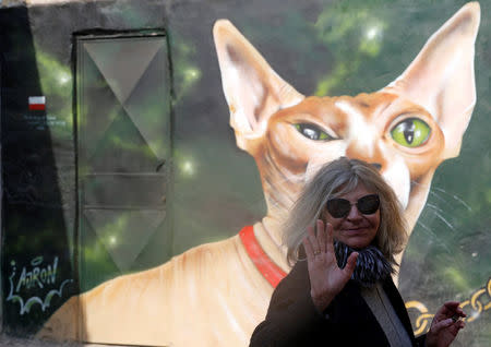 Polish architect Agnieszka Dobrowolska stands in front of a graffiti painted on the wall of a house located inside the 15th-century complex built by Mameluk Sultan al-Ashraf Qaitbey, in Cairo's City of the Dead, Egypt February 13, 2017. REUTERS/Amr Abdallah Dalsh