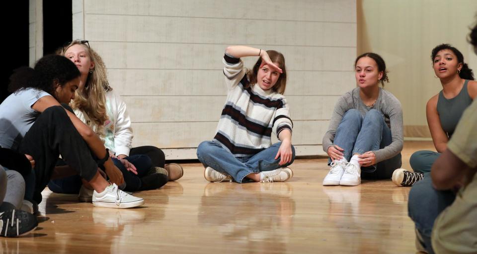 Director Tori Kulak, meets with the cast of Fiddler on the Roof before rehearsal at White Plains High School, Jan. 25, 2024.