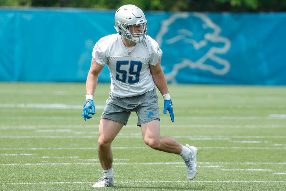 Detroit Lions linebacker Trevor Nowaske (59) practices during mini camp at Detroit Lions Headquarters and Training Facility in Allen Park on Tuesday, June 6, 2023.