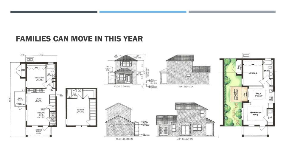 The one-bedroom cottages in Family Promise of South Sarasota County’s Pathways Home Project would be one story, while the two-bedroom cottages are two stories. In each case open space would be provided by side yards.