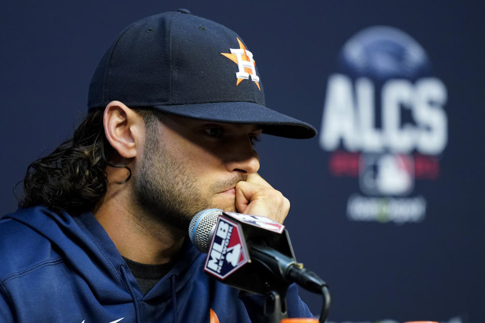 Houston Astros starting pitcher Lance McCullers Jr. speaks during a news conference before Game 2 of baseball's American League Championship Series against the Boston Red Sox Saturday, Oct. 16, 2021, in Houston. (AP Photo/David J. Phillip)