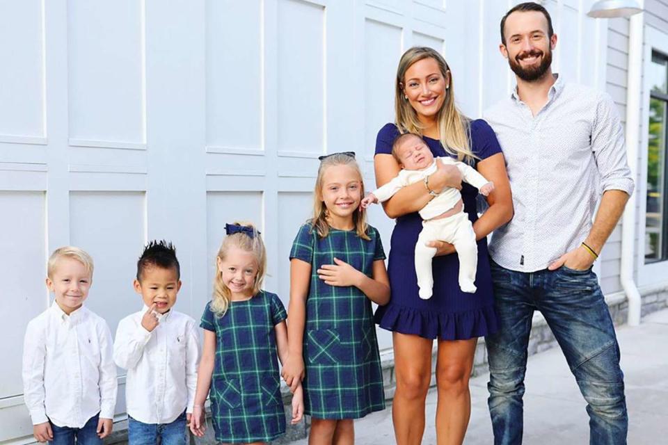<p>Myka Stauffer/Instagram</p> Myka and James Stauffer with their four children and Huxley