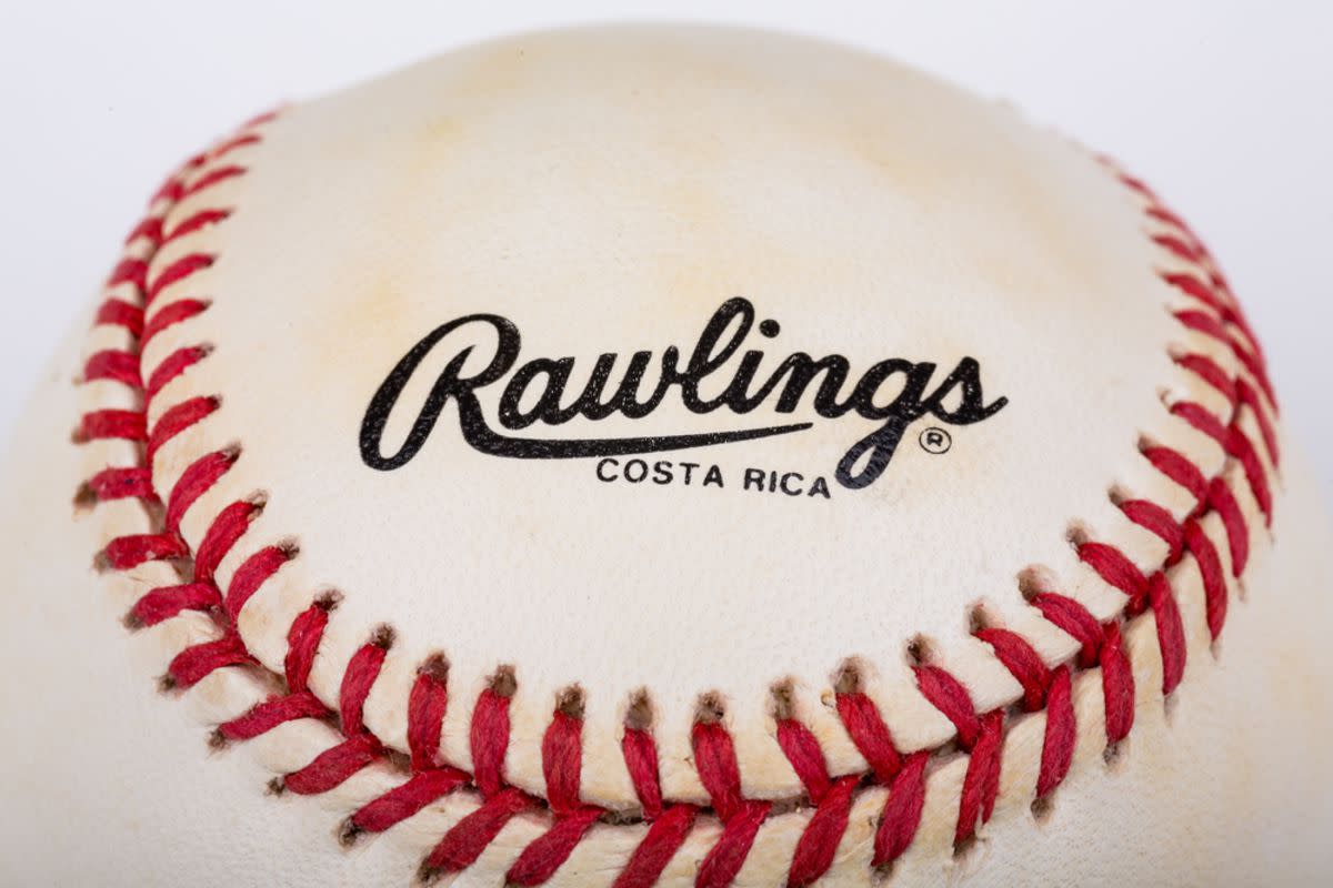 Closeup of Rawlings baseball showing 'Made in Costa Rica'