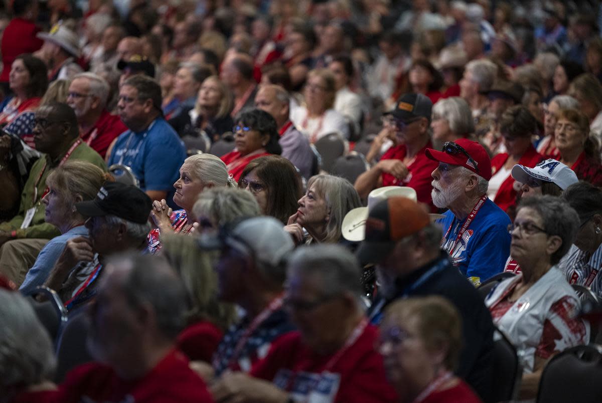 Conventioneers listen to speeches during the Texas GOP Convention Friday, May 24, 2024 in San Antonio.