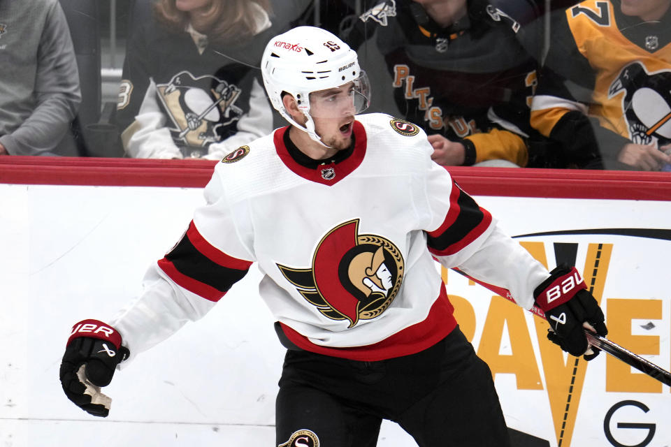 Ottawa Senators' Drake Batherson celebrates after his goal during the third period of an NHL hockey game against the Pittsburgh Penguins in Pittsburgh, Saturday, Oct. 28, 2023. (AP Photo/Gene J. Puskar)