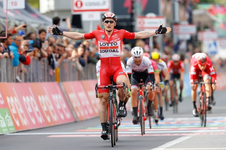 Germany's Andre Greipel of team Lotto Soudal celebrates as he crosses the finish line to win the 12th stage of the 99th Giro d'Italia, Tour of Italy, from Noale to Bibione on May 19, 2016