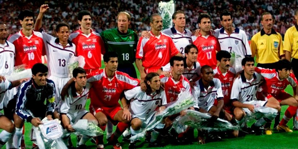 American and Iranian players pose together before a 1998 World Cup match.