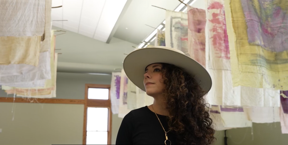 Gabi Torres in the Iowa PBS episode, seen here at her “Wildness” exhibit at the Eco Tourism Center in Camanche.