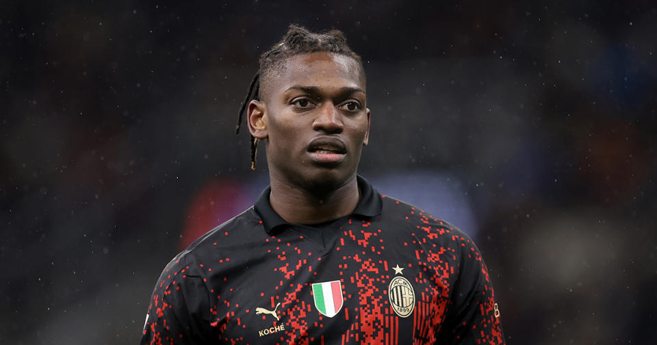 Rafael Leao of AC Milan reacts during the Serie A match between AC Milan and Atalanta BC at Stadio Giuseppe Meazza on February 26, 2023 in Milan, Italy.