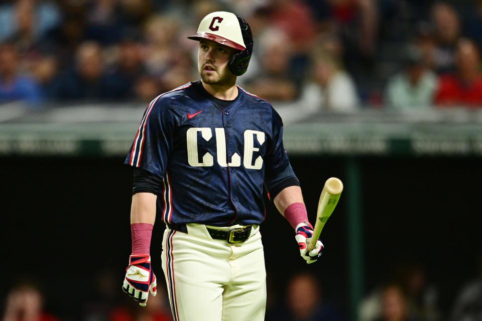 Guardians center fielder Lane Thomas reacts after striking out during the eighth inning against the Rangers, Aug. 23, 2024, in Cleveland.