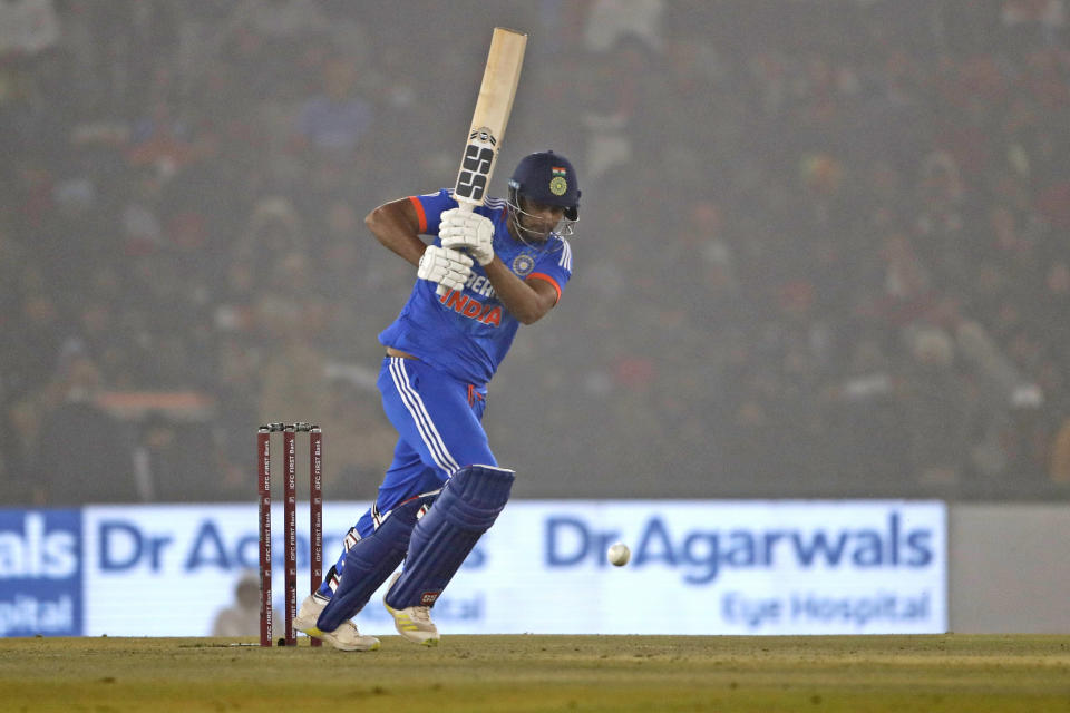 India's Shivam Dube bats during the first T20 cricket match between India and Afghanistan in Mohali, India, Thursday, Jan. 11, 2024. (AP Photo/Surjeet Yadav)