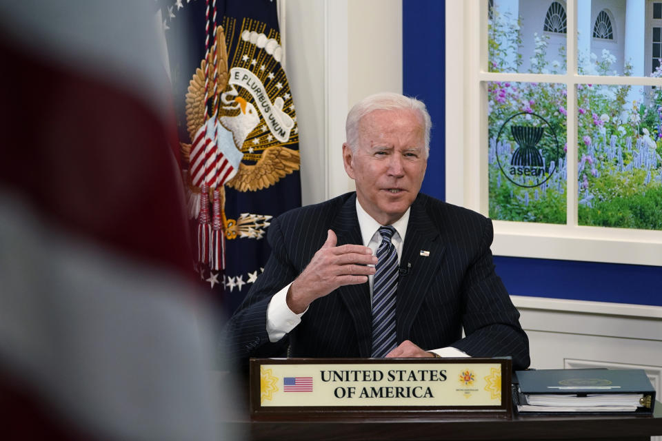 President Joe Biden participates virtually in the U.S.-ASEAN Summit from the South Court Auditorium on the White House complex in Washington, Tuesday, Oct. 26, 2021. It is the first time the United States has participated in the 10-member Association of Southeast Asian Nations since 2017, when President Donald Trump participated in the summit. (AP Photo/Susan Walsh)