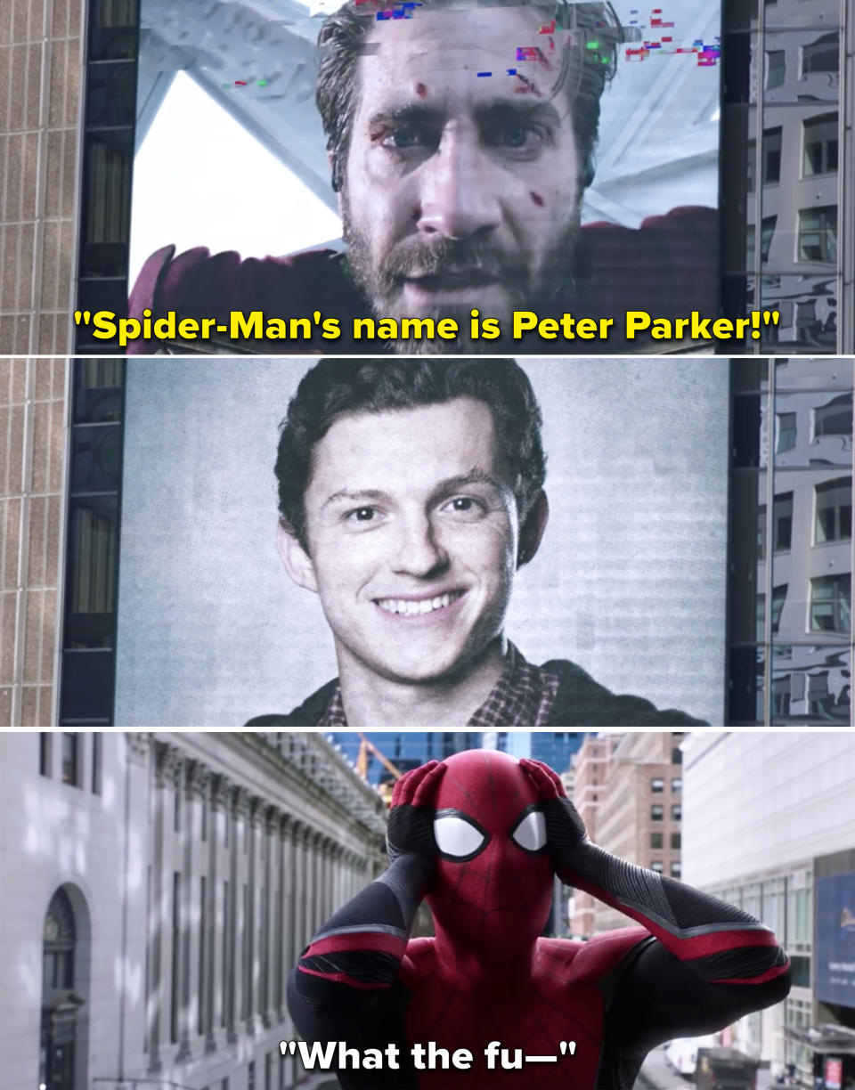 Mysterio saying, "Spider-Man's name is Peter Parker"