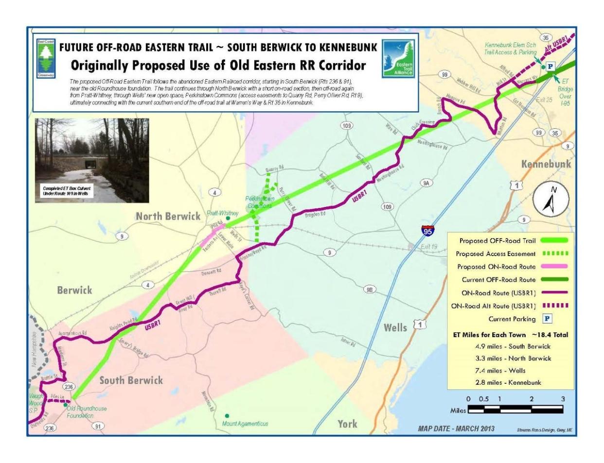 This map shows the wooded route along which the Eastern Trail Alliance plans to expand the Eastern Trail off-road from Kennebunk to North Berwick.