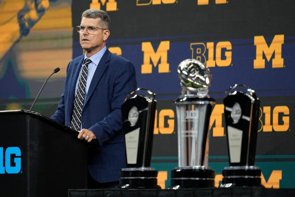 Michigan coach Jim Harbaugh speaks during Big Ten media days on Thursday, July 27, 2023, in Indianapolis.