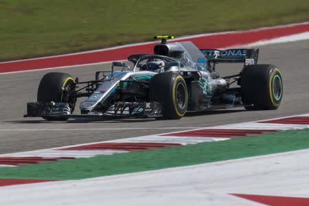Oct 21, 2018; Austin, TX, USA; Mercedes driver Valtteri Bottas (77) of Finland during the United States Grand Prix at Circuit of the Americas. Mandatory Credit: Jerome Miron-USA TODAY Sports