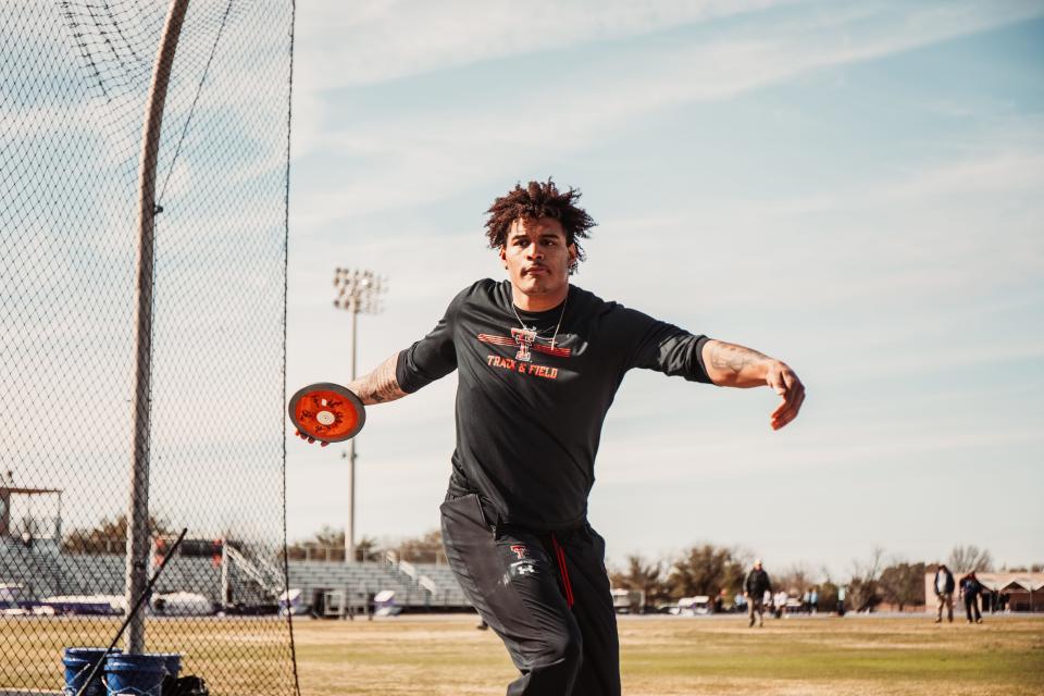Texas Tech junior Devin Roberson won the discus in the two-day Masked Rider Open that started Friday. Roberson transferred to Tech after he won the discus competing for TCU at last year's Big 12 outdoor track and field championships.
