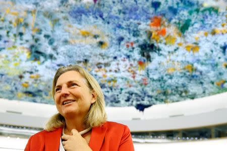 Austria's Foreign Minister Karin Kneissl smiles after her address to the Human Rights Council at the United Nations in Geneva, Switzerland, June 26, 2018. REUTERS/Denis Balibouse