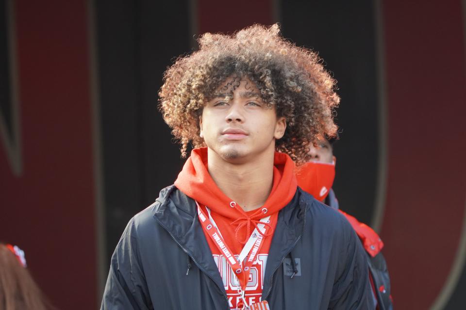 Recruit Justin Hill watches Ohio State warm up before playing Penn State Oct. 21, 2023 at Ohio Stadium.