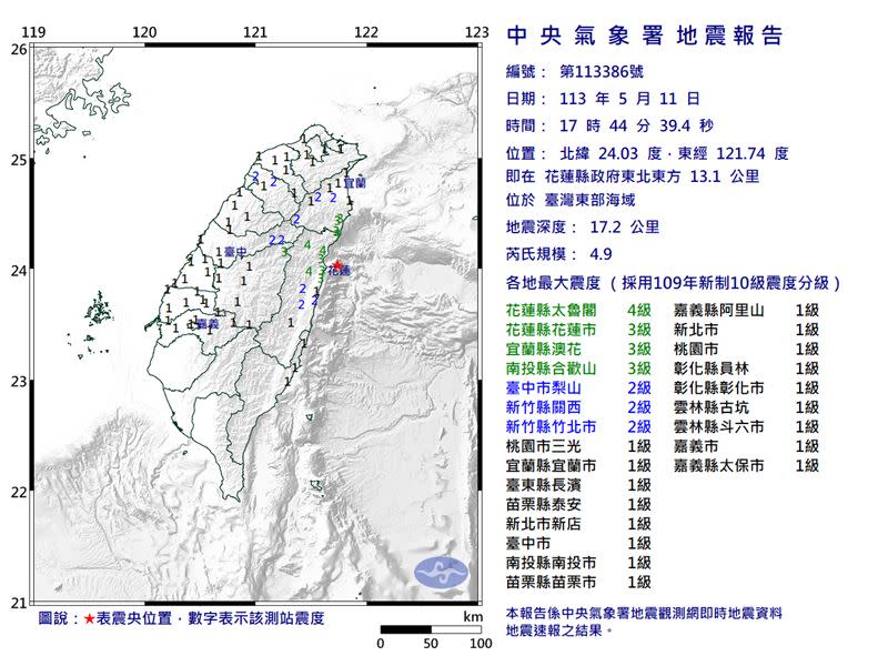 17時44分左右花蓮近海再次發生規模4.9有感地震。（圖／翻攝自中央氣象署）