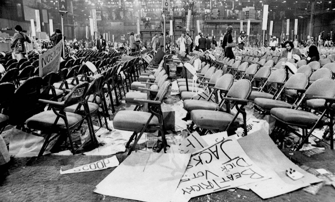 Discarded placards litter the floor of Miami Beach’s Convention Hall after Democratic delegates at their National Convention nominated Sen. George S. McGovern to be their presidential candidate.