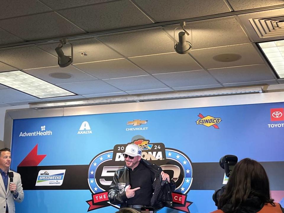 Pitbull was presented with a special Daytona 500 jacket on Sunday. He won’t perform Monday, but will return for the 2025 pre-race concert.