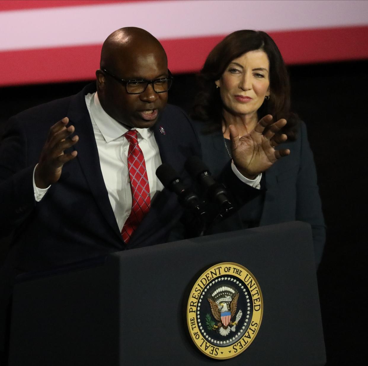 Rep. Jamaal Bowman delivers remarks as New York Governor Kathy Hochul looks on before President Joe Biden delivers remarks as he makes an appearance at the Hankin Academic Arts Building at SUNY Westchester Community College in Valhalla, May 10, 2023. 