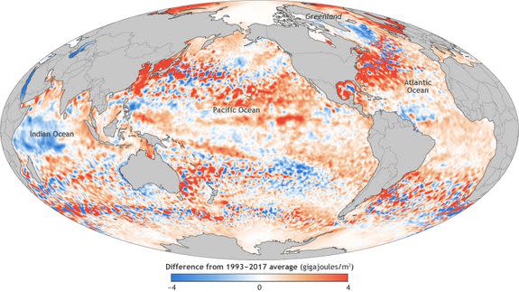 A map shows where 2017 heat content in the top 700 meters of the ocean was higher (orange) or lower (blue) than the 1993–2017 average.