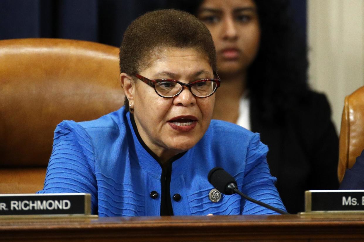 WASHINGTON, DC - DECEMBER 13: Rep. Karen Bass, D-Calif., votes to approve the second article of impeachment as the House Judiciary Committee holds a public hearing to vote on the two articles of impeachment against U.S. President Donald Trump in the Longworth House Office Building on Capitol Hill December 13, 2019 in Washington, DC. The articles charge Trump with abuse of power and obstruction of Congress. House Democrats claim that Trump posed a 'clear and present danger' to national security and the 2020 election based on his dealings with Ukraine. (Photo by Patrick Semansky-Pool/Getty Images): Getty