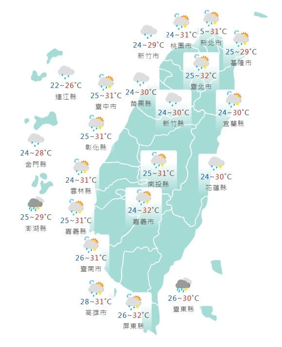 中央氣象署說明，今日天氣各地午後有短延時強降雨，東半部、恆春半島與澎、金、馬有局部短暫陣雨、雷雨、大雨發生。中央氣象署提供