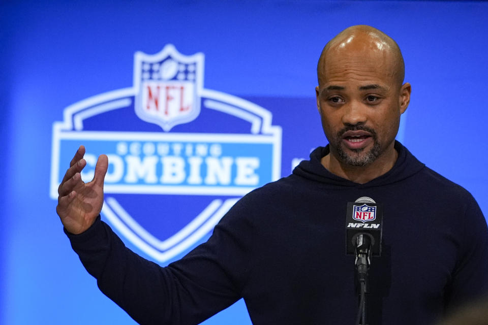 Atlanta Falcons general manager Terry Fontenot speaks during a press conference at the NFL football scouting combine in Indianapolis, Tuesday, Feb. 27, 2024. (AP Photo/Michael Conroy)