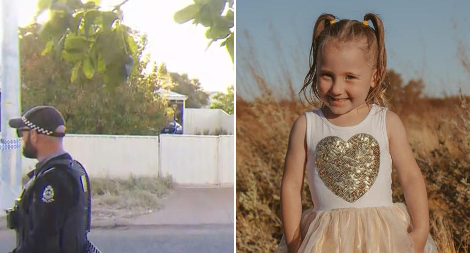 (left) A police officer guards the house where Cleo was found (right) A supplied photo of Cleo