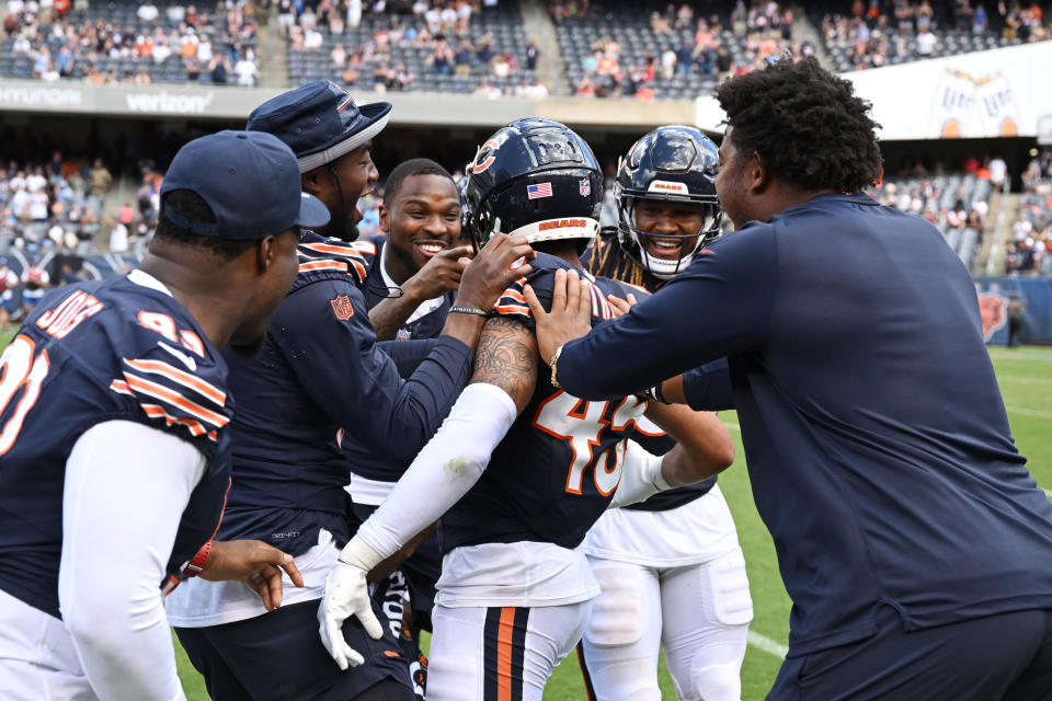 CHICAGO, ILLINOIS – AUGUST 12: Eddie Jackson #4 and Bralen Trahan #45 of the Chicago Bears celebrate after the interception in the second half against the Tennessee Titans during a preseason game at Soldier Field on August 12, 2023 in Chicago, Illinois. (Photo by Quinn Harris/Getty Images) ORG XMIT: 775992213 ORIG FILE ID: 1610351381