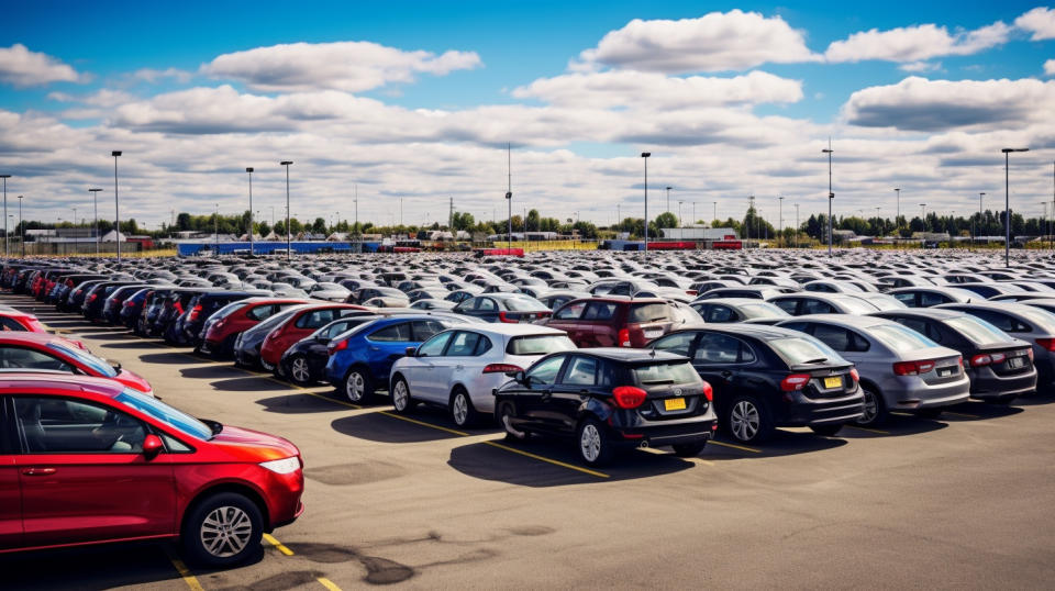 A busy car auction being held at a leading car dealership, buyers and sellers engaging in active bidding.