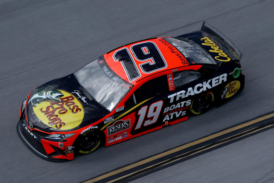 TALLADEGA, ALABAMA - APRIL 25: Martin Truex Jr., driver of the #19 Bass Pro Toyota, drives during the NASCAR Cup Series  GEICO 500 at Talladega Superspeedway on April 25, 2021 in Talladega, Alabama. (Photo by Sean Gardner/Getty Images)