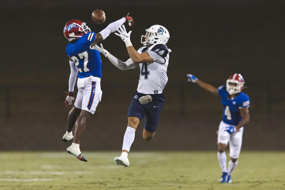 West Florida wide receiver Caden Leggett hauls in a catch during the team's Gulf South Conference game against West Georgia on Saturday, Oct. 8, 2022 from University Stadium