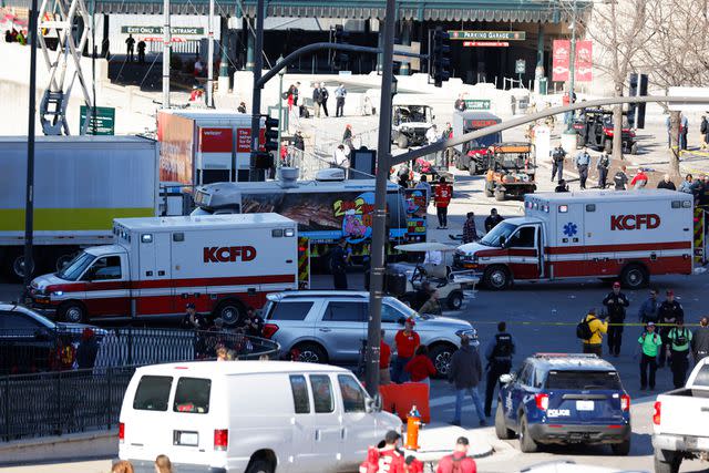 <p>David Eulitt/Getty </p> Law enforcement and medical personnel respond to a shooting at Union Station during the Kansas City Chiefs Super Bowl LVIII victory parade on February 14, 2024 in Kansas City, Missouri. Several people were shot and two people were detained after a rally celebrating the Chiefs Super Bowl victory.