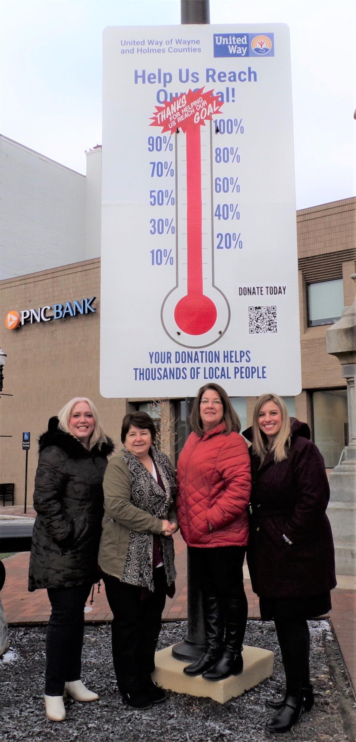 Leaders of United Way of Wayne and Holmes Counties stand in front of the UW fundraising sign at Market and Liberty streets in Wooster.