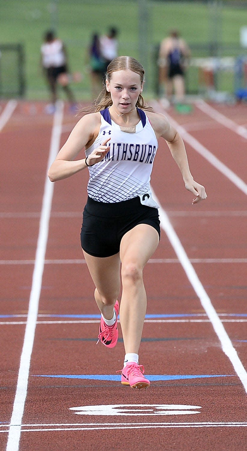 Smithsburg's Jenna Howe wins the girls 100-meter dash during the Washington County Track & Field Championships. Howe also won the 200 and 400 and was a member of the winning 4x100 relay team.