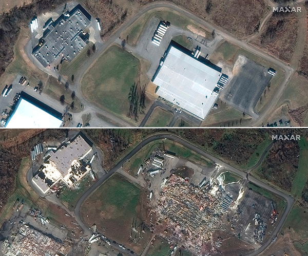 Satellite photos provided by Maxar show the Mayfield Consumer Products candle factory and nearby buildings, in Mayfield, Kentucky, on January 28, 2017, and December 11, 2021. / Credit: Satellite image ©2021 Maxar Technologies via AP