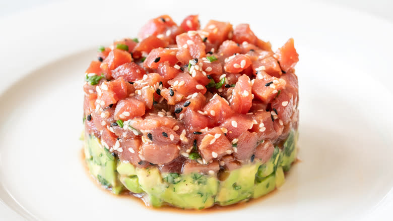 Tuna tartare on white plate