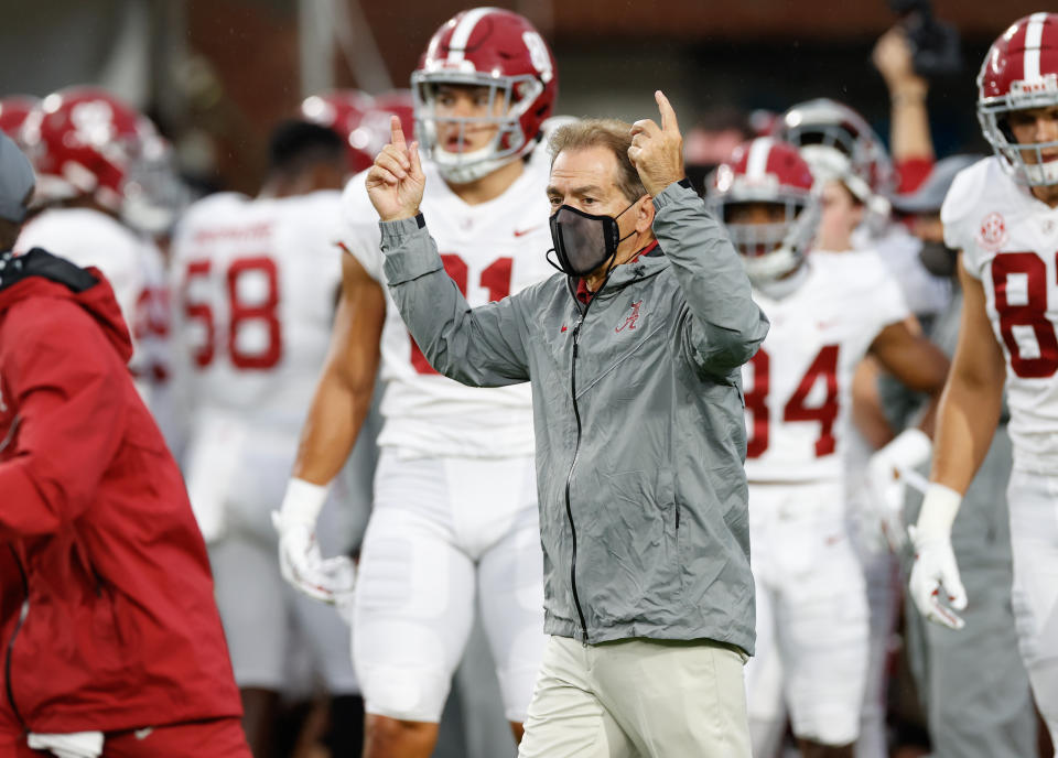 OXFORD, MS - OCTOBER 10: Head coach Nick Saban of the Alabama Crimson Tide signals a touchdown against the Ole Miss Rebels at Vaught Hemingway Stadium on October 10, 2020 in Oxford, Mississippi. (Photo by Kent Gidley/Collegiate Images/Getty Images)