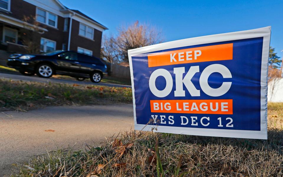 A sign in support of a new arena for Oklahoma City is seen at the corner of NW 31 and N Dewey Avenue in Oklahoma City, Tuesday, Dec. 5, 2023.