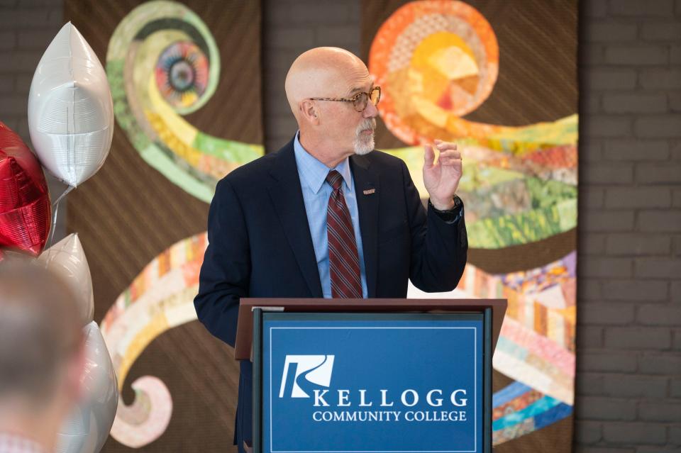 University of Olivet president Steven Corey speaks before signing a transfer agreement with Kellogg Community College at Kellogg Community College on Wednesday, Oct. 18, 2023.