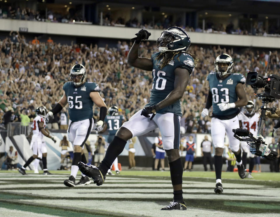 Philadelphia Eagles' Jay Ajayi celebrates after scoring a touchdown during the second half of an NFL football game against the Atlanta Falcons on Thursday, Sept. 6, 2018, in Philadelphia. (AP Photo/Michael Perez)