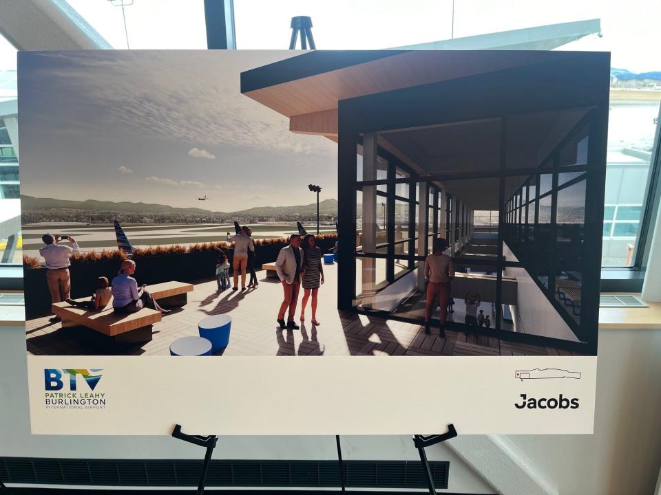 An artist's rendering of the public observation deck planned for the new north terminal at Patrick Leahy Burlington International Airport was on display at a press conference on March 20, 2024.