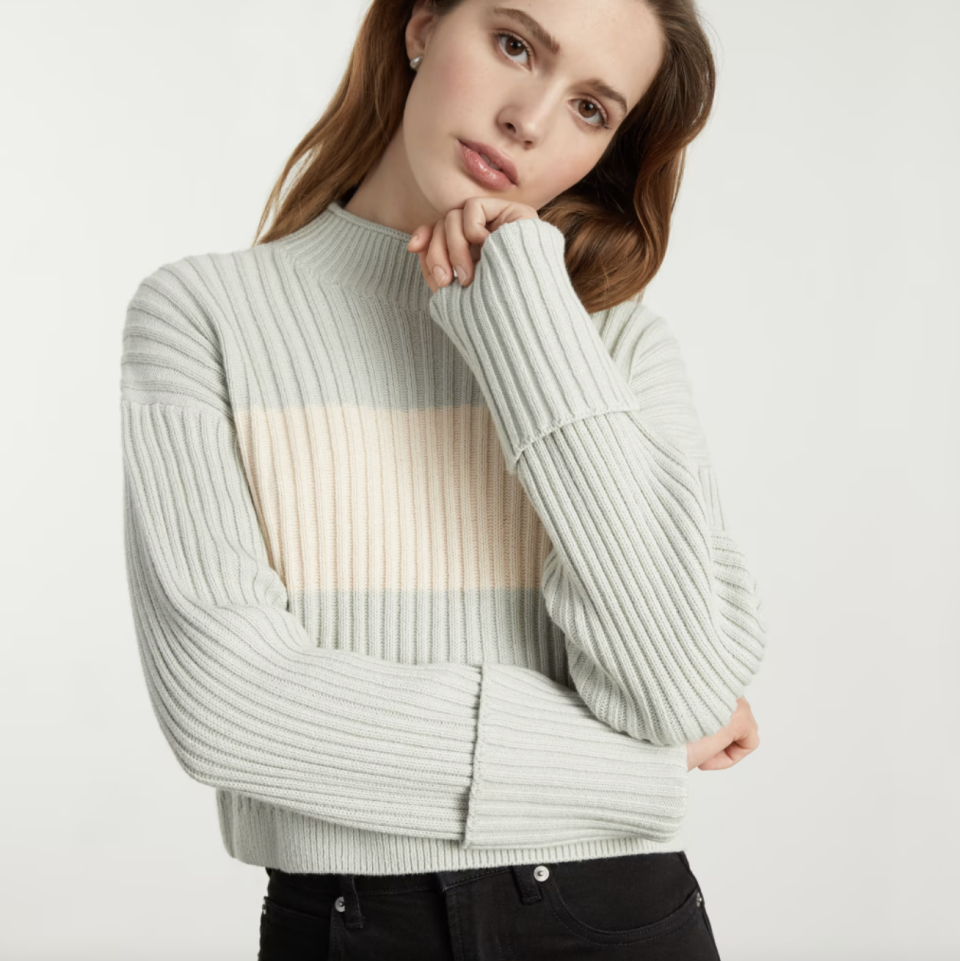 The Cotton Ribbed Rollneck Sweater in Grey/Parchment (Photo via Everlane)