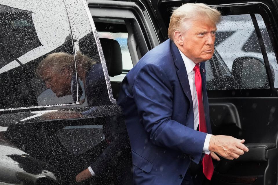 Former President Donald Trump arrives to board his plane at Ronald Reagan Washington National Airport, Thursday, Aug. 3, 2023, in Arlington, Va., after facing a judge on federal conspiracy charges that allege he conspired to subvert the 2020 election.